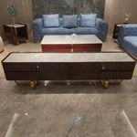 Tufted Light Blue Velvet Sofa with Clean Boxed Sides and Polished Metal Base